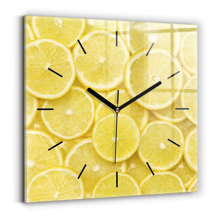 Falióra, Wallfluent, üveg, Fekete mutatók, Számok nélkül, Citromszeletek, Sárga, Négyzetek 30x30 cm, 010010500010200258458