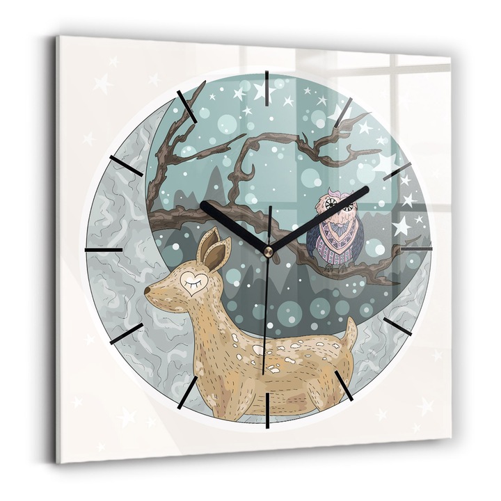 Ceas de perete, Wallfluent, de sticla, Mainile negre, Fara cifre, Animale de noapte si luna, Albastru, Patrate 30x30 cm, 010010500010200267630