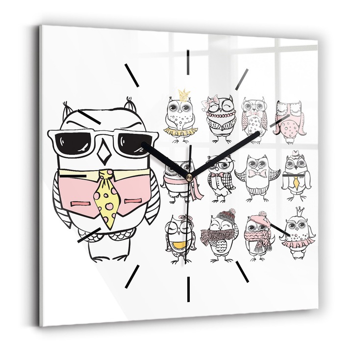 Falióra, Wallfluent, üveg, Fekete mutatók, Nincsenek számok, Vintage poszter baglyokkal, Fehér, Négyzetek 30x30 cm, 010010500010200267805