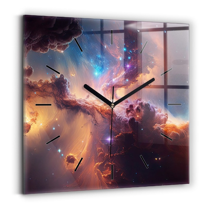 Falióra, Wallfluent, üveg, Fekete mutatók, Számok nélkül, Csillagok űrvilága, Többszínű, Négyzetek 30x30 cm, 010010500010200268045