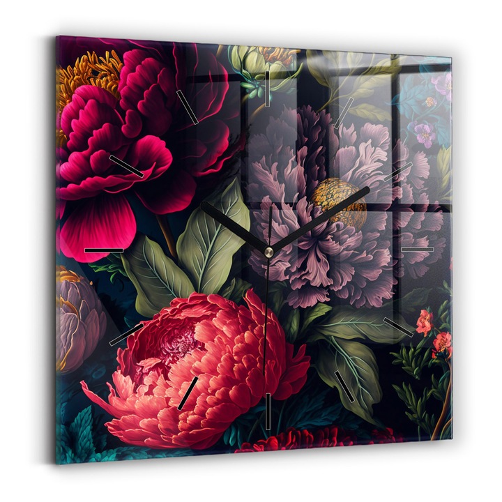 Falióra, Wallfluent, üveg, Fekete mutatók, Számok nélkül, Vintage virágcsokor, Többszínű, Négyzetek 30x30 cm, 010010500010200268012