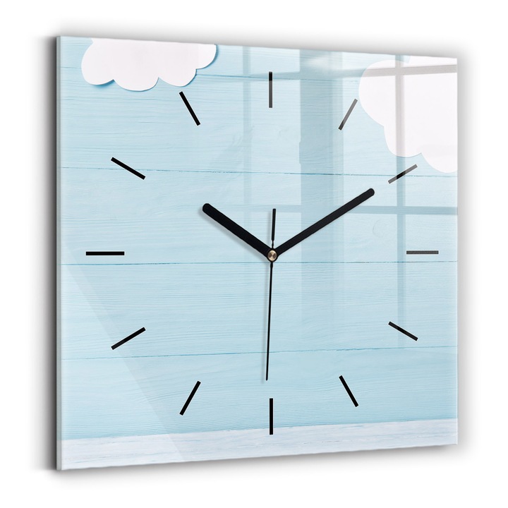 Falióra, Wallfluent, üveg, Fekete mutatók, Számok nélkül, Gyerekplakett, Kék, Négyzetek 30x30 cm, 010010500010200267374