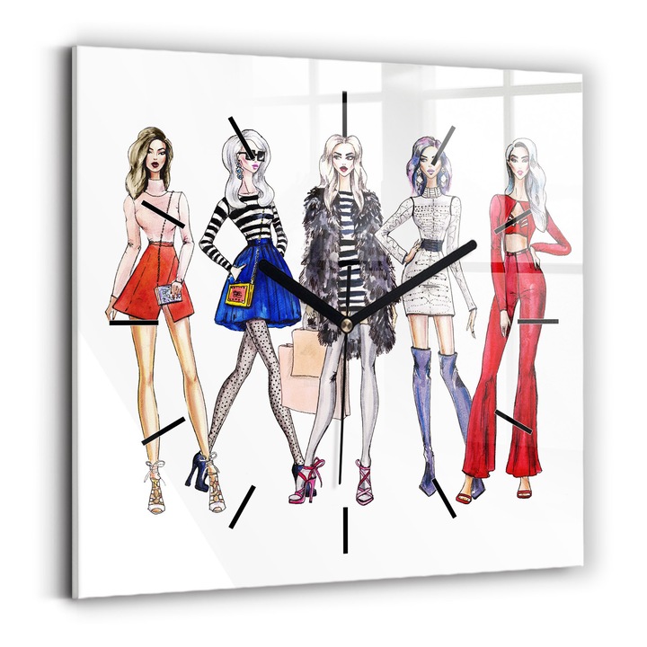 Falióra, Wallfluent, üveg, Fekete mutatók, Nincsenek számok, Divatos lányok, Piros, Négyzetek 30x30 cm, 010010500010200267644