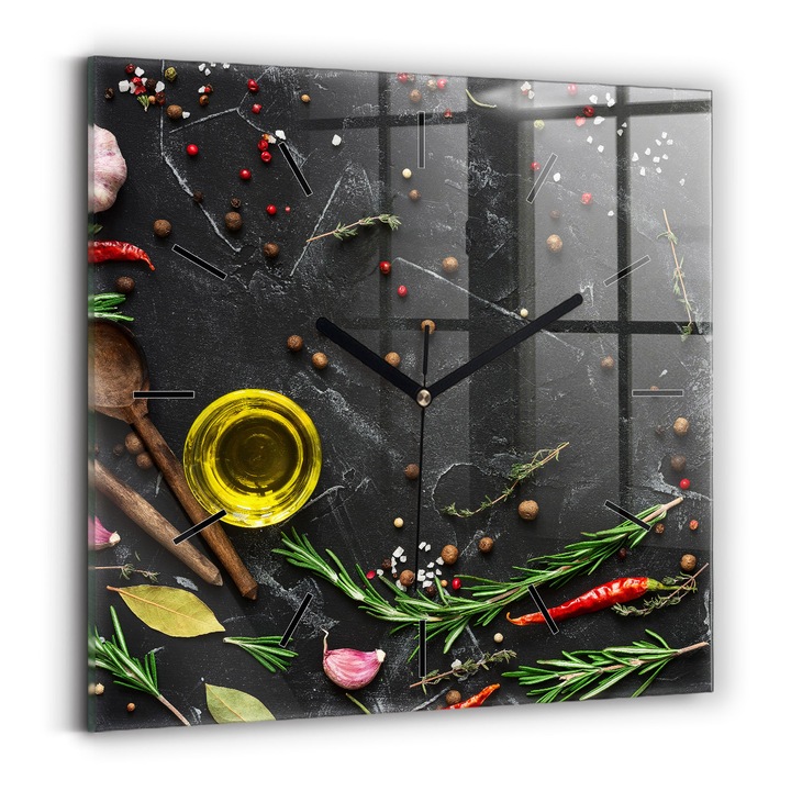 Falióra, Wallfluent, üveg, Fekete mutatók, Számok nélkül, Fűszerek a tetejére, Sokszínű, Négyzetek 30x30 cm, 010010500010200260030