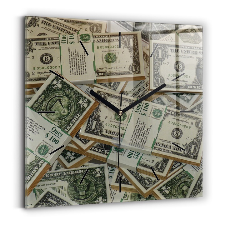 Falióra, Wallfluent, üveg, fekete mutatók, számok nélkül, 1 dollár, zöld, négyzetek 30x30 cm, 010010500010200268422