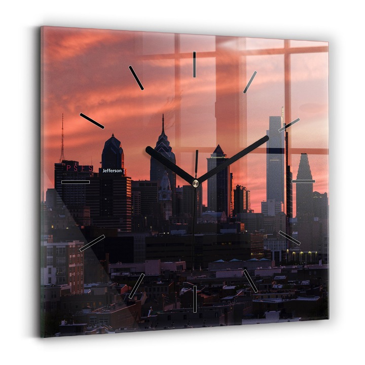 Falióra, Wallfluent, üveg, Fekete mutatók, Nincsenek számok, Panoráma Philadelphia városára, Fekete, Négyzetek 30x30 cm, 010010500010200268367