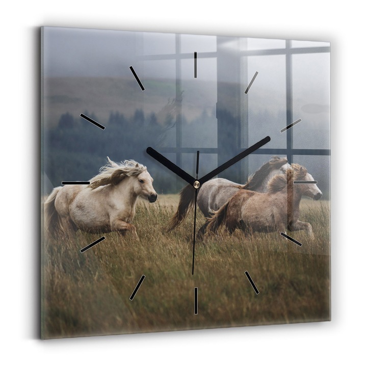 Falióra, Wallfluent, üveg, Fekete mutatók, Nincsenek számok, Vágtató lovak, Fehér, Négyzetek 30x30 cm, 010010500010200268358