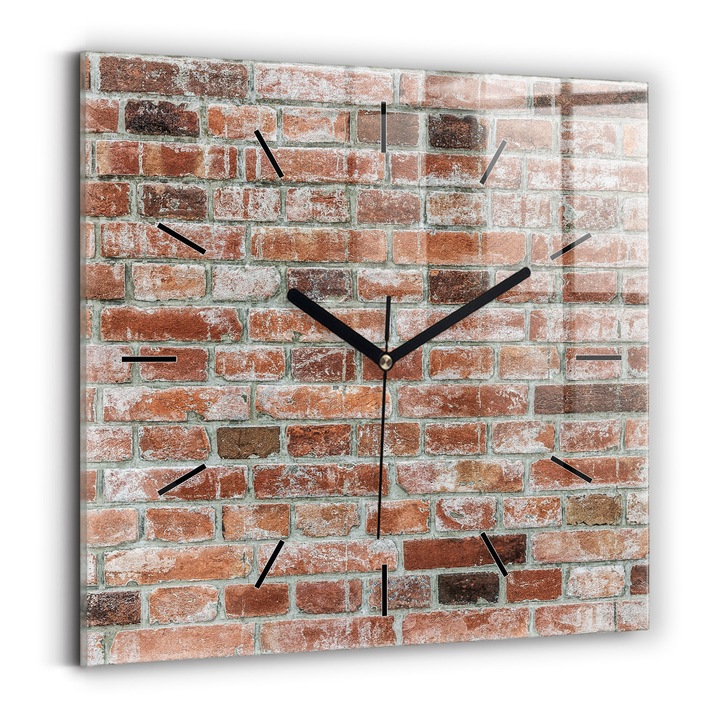 Falióra, Wallfluent, üveg, Fekete mutatók, Számok nélkül, Téglafal, Barna, Négyzetek 30x30 cm, 010010500010200267419