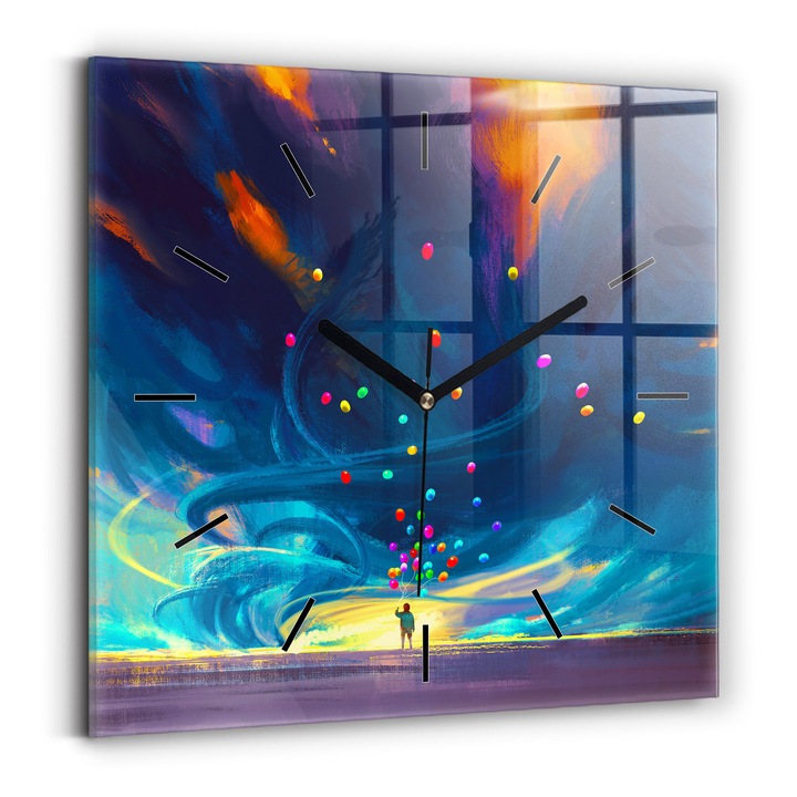 Falióra, Wallfluent, üveg, Fekete mutatók, Számok nélkül, Gyermek és lufi, Kék, Négyzetek 30x30 cm, 010010500010200267598