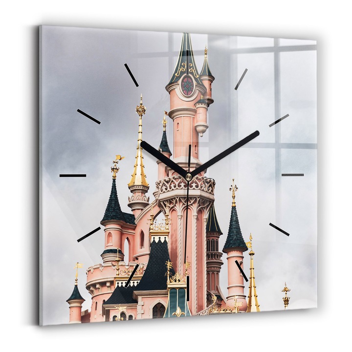 Falióra, Wallfluent, üveg, Fekete mutatók, Nincsenek számok, Disneyland Paris Castle, Rózsaszín, Négyzetek 30x30 cm, 010010500010200268361