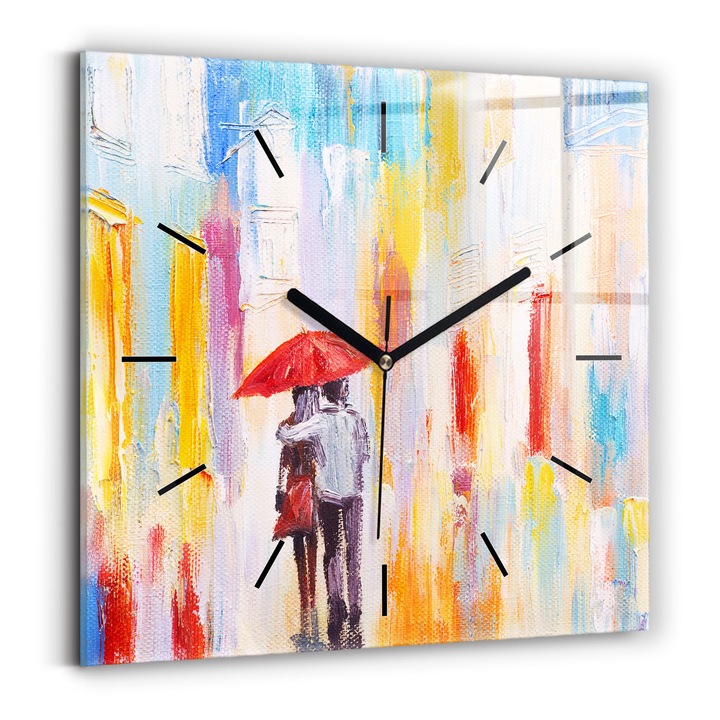 Falióra, Wallfluent, üveg, Fekete mutatók, Számok nélkül, Pár az esőben, Tarka, Négyzetek 30x30 cm, 010010500010200257921