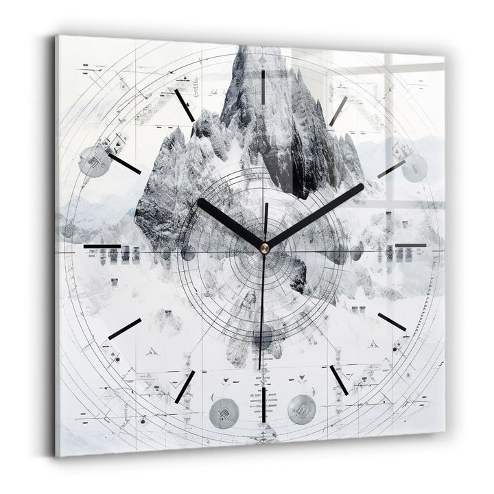 Falióra, Wallfluent, üveg, Fekete mutatók, Nincsenek számok, Hegyeket rajzol, Fehér, Négyzetek 30x30 cm, 010010500010200268145