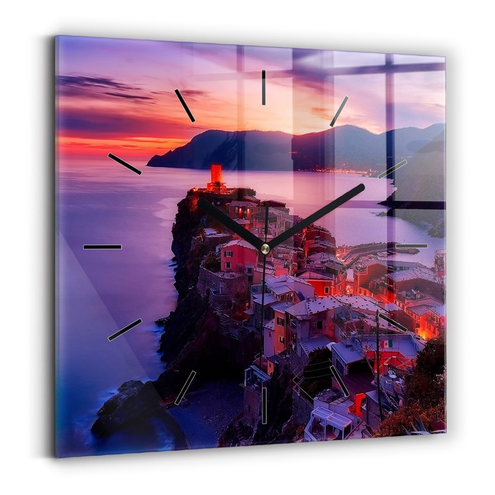 Falióra, Wallfluent, üveg, Fekete mutatók, Nincsenek számok, Házak a tó mellett, Lila, Négyzetek 30x30 cm, 010010500010200268468