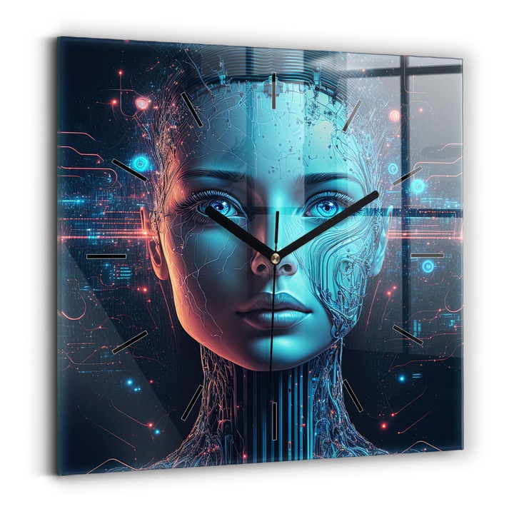 Falióra, Wallfluent, üveg, Fekete mutatók, Számok nélkül, Mesterséges intelligencia, Kék, Négyzetek 30x30 cm, 010010500010200268001