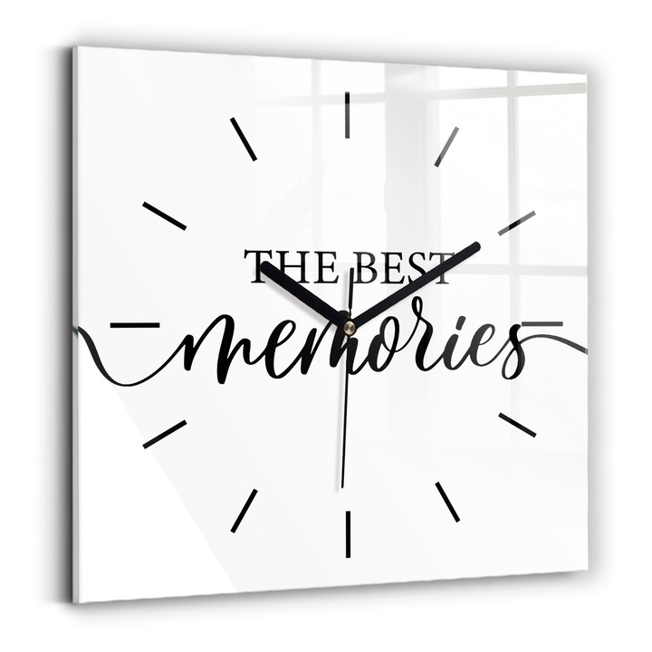 Falióra, Wallfluent, üveg, Fekete mutatók, Számok nélkül, Emlékek felirata, Többszínű, Négyzetek 30x30 cm, 010010500010200267845