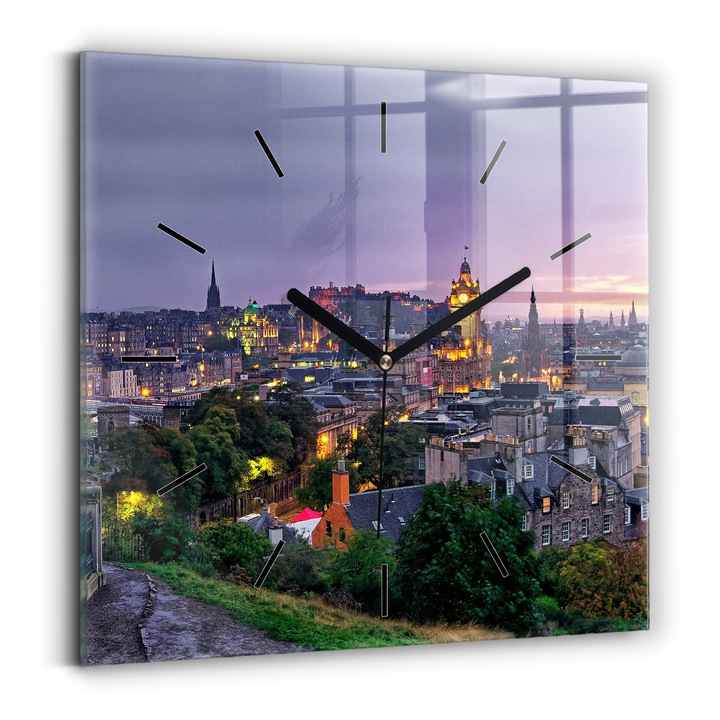 Falióra, Wallfluent, üveg, Fekete mutatók, Nincsenek számok, Edinburgh by Calton Hill, Lila, Négyzetek 30x30 cm, 010010500010200268487