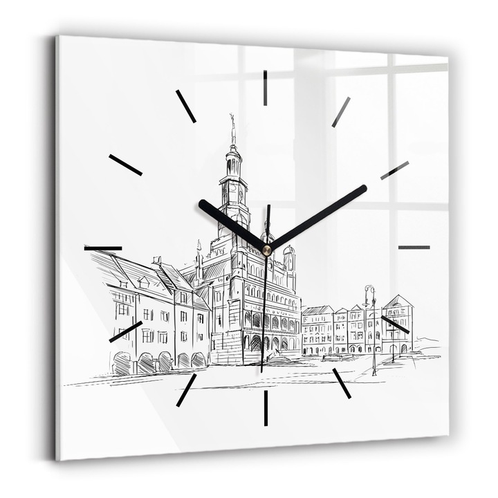 Falióra, Wallfluent, üveg, Fekete mutatók, Nincsenek számok, Poznań óvárosának körvonala, Fekete, Négyzetek 30x30 cm, 010010500010200267842