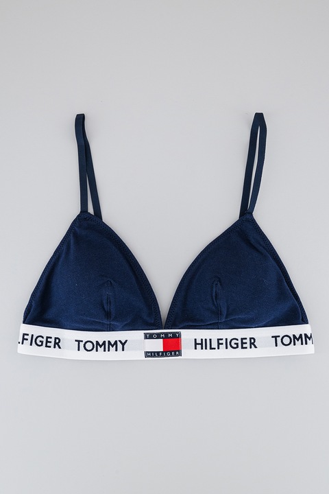 Tommy Hilfiger, Sutien cu cupe triunghiulare si banda logo, Alb/Bleumarin, XS