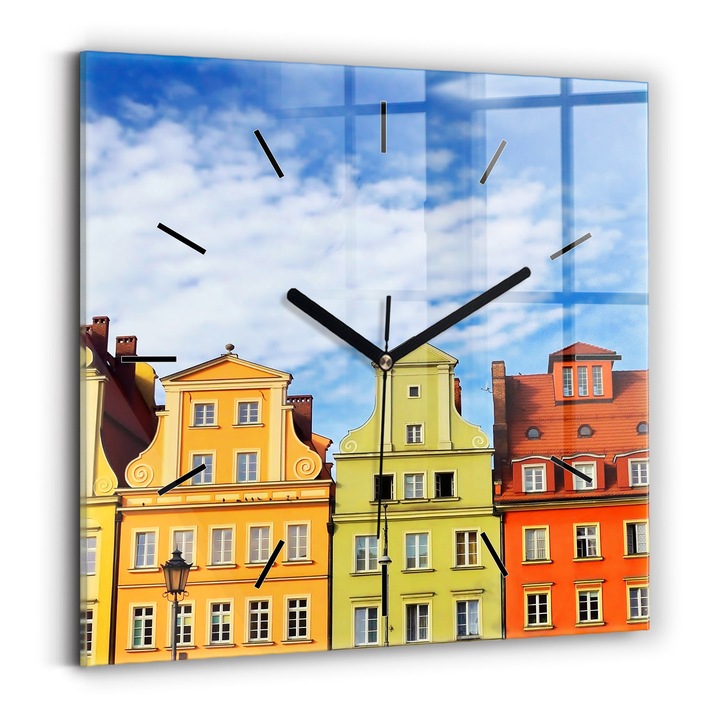 Falióra, Wallfluent, üveg, Fekete mutatók, Nincsenek számok, Wrocław - Óváros, Kék, Négyzetek 30x30 cm, 010010500010200268163