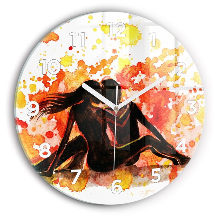 Falióra, Wallfluent, üveg, Fehér mutatók, Arab számok, Szerelem és egy szerelmespár, Narancs, Kerek Ø30 cm, 010010500040100273140