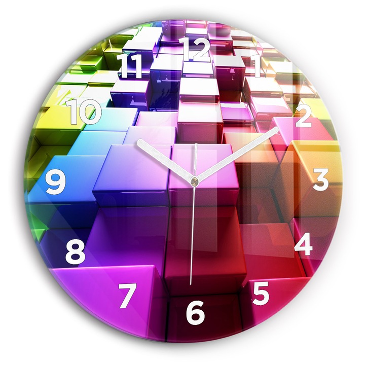 Ceas de perete, Wallfluent, de sticla, Mainile albe, Cifre Arabe, Cuburi colorate, Multicolor, Rotund Ø30 cm, 010010500040100273567