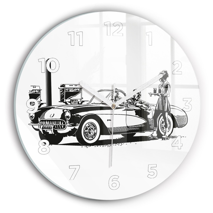 Falióra, Wallfluent, üveg, fehér mutatók, arab számok, retro illusztráció, fekete, kerek Ø30 cm, 010010500040100272155