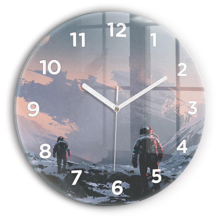 Ceas de perete, Wallfluent, de sticla, Mainile albe, Cifre Arabe, Astronauti abstractia, Gri, Rotund Ø30 cm, 010010500040100272276