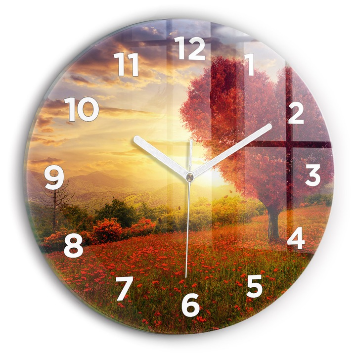 Falióra, Wallfluent, üveg, Fehér mutatók, Arab számok, Szerelemfa sorozat, Piros, Kerek Ø30 cm, 010010500040100272088