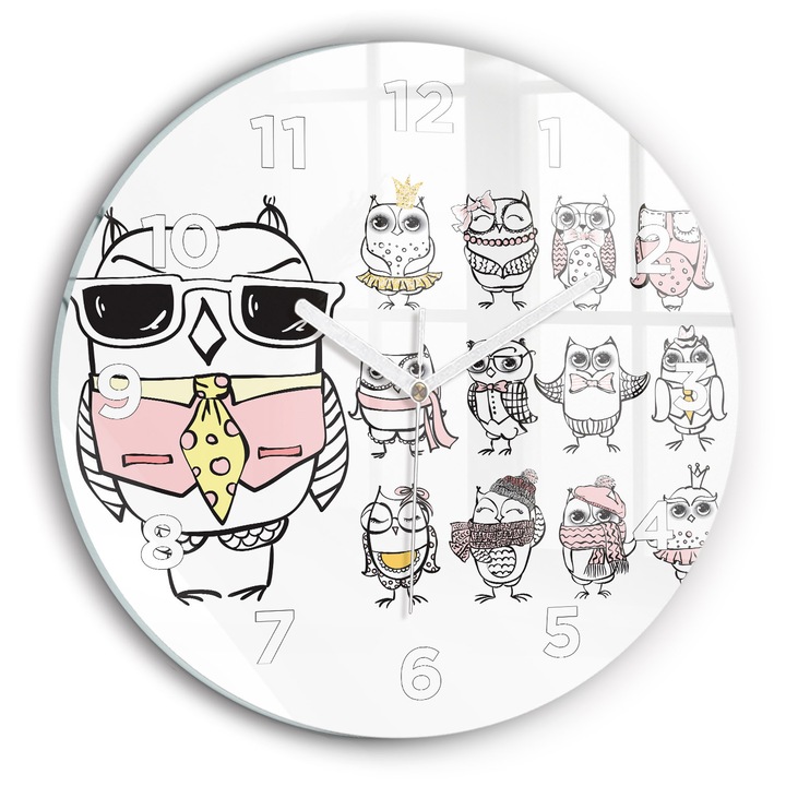 Falióra, Wallfluent, üveg, Fehér mutatók, Arab számok, Vintage poszter baglyokkal, Fehér, Kerek Ø30 cm, 010010500040100273032