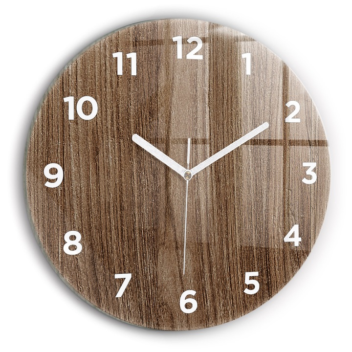 Falióra, Wallfluent, üveg, Fehér mutatók, Arab számok, Sötét fa, Barna, Kerek Ø30 cm, 010010500040100272244