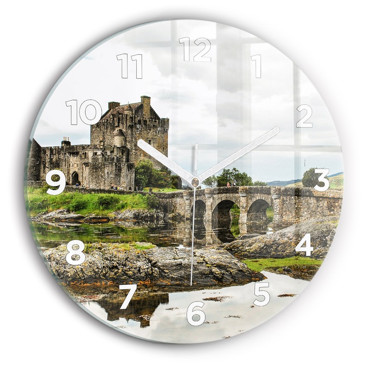 Falióra, Wallfluent, üveg, fehér mutatók, arab számok, Eilean Donan Castle Scotland, zöld, kerek Ø30 cm, 010010500040100273711