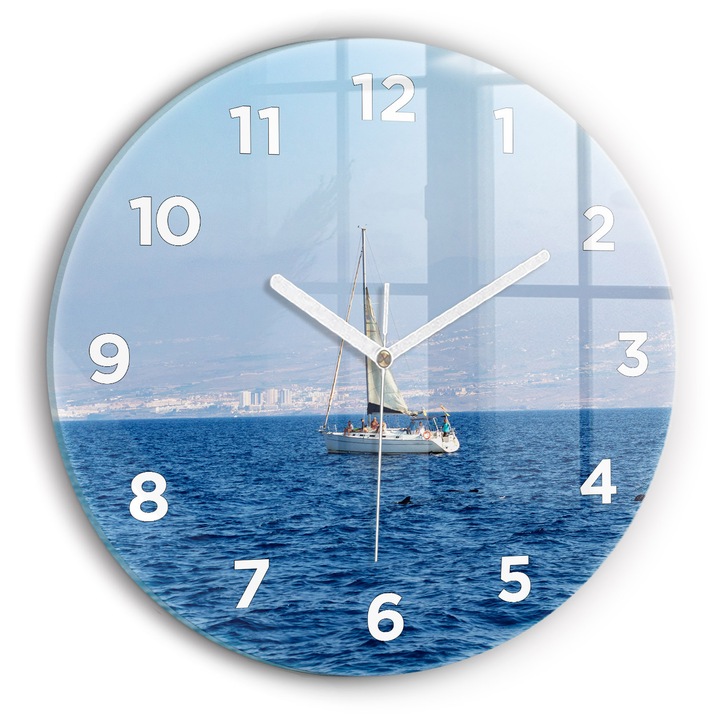 Falióra, Wallfluent, üveg, Fehér mutatók, Arab számok, Yacht Tenerifén, Kék, Kerek Ø30 cm, 010010500040100273639