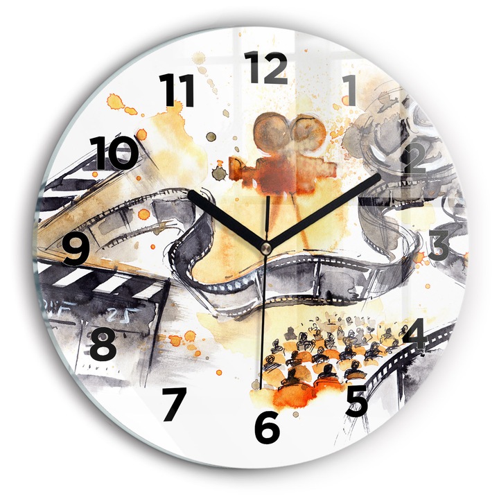 Ceas de perete, Wallfluent, de sticla, Mainile negre, Cifre Arabe, Cinematografie pentru camera, Negru, Rotund Ø30 cm, 010010500040200269893