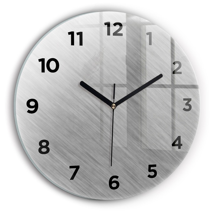 Ceas de perete, Wallfluent, de sticla, Mainile negre, Cifre Arabe, Perete metalic, Gri, Rotund Ø30 cm, 010010500040200270126