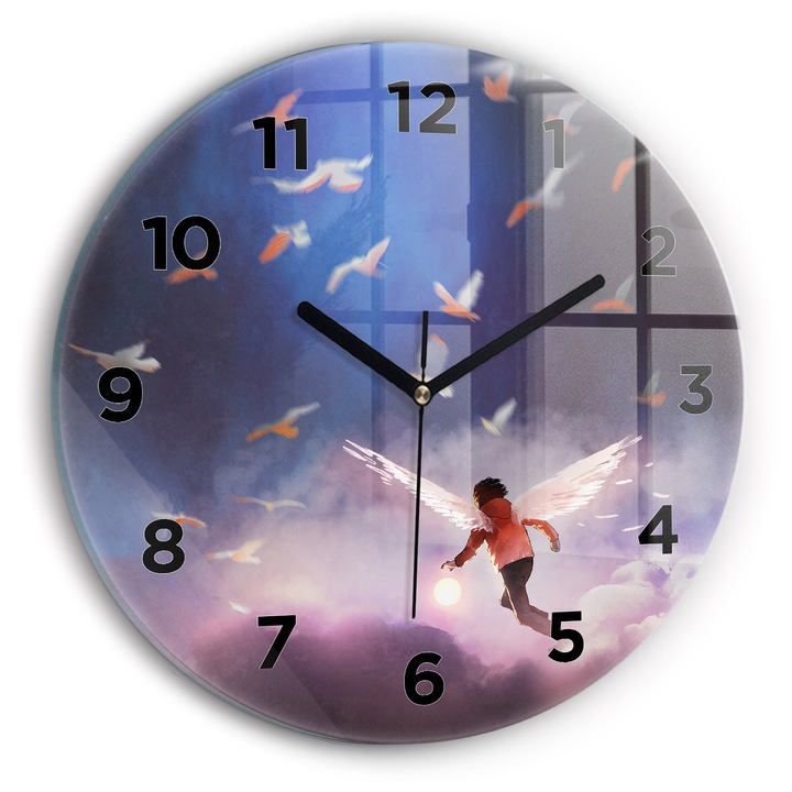 Falióra, Wallfluent, üveg, Fekete mutatók, Arab számok, Fiú szárnyas, Rózsaszín, Kerek Ø30 cm, 010010500040200269048