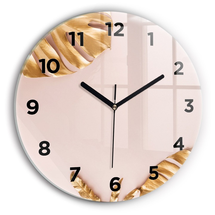Falióra, Wallfluent, üveg, Fekete mutatók, Arab számok, Arany trópusi levelek, Arany, Kerek Ø30 cm, 010010500040200269216