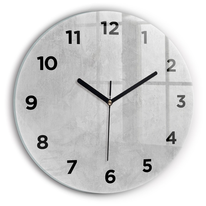Ceas de perete, Wallfluent, de sticla, Mainile negre, Cifre Arabe, Perete de piatra, Gri, Rotund Ø30 cm, 010010500040200268842