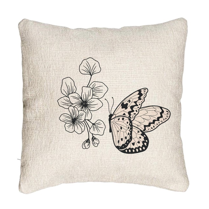 Perna Personalizata Canapea, Model Fluture si Flori, 40x40 cm, Cu fermoar