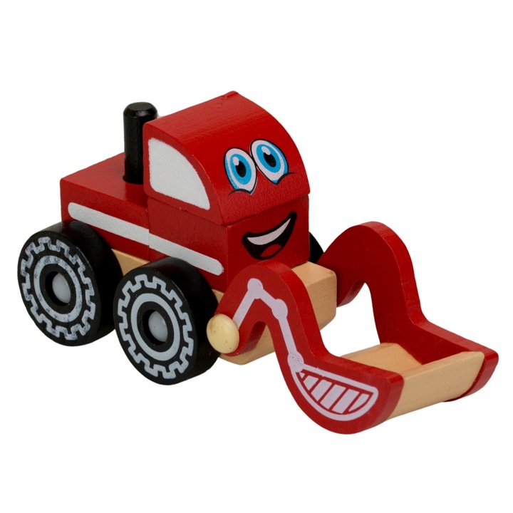 Excavator lemn, rosu, design cubic, 4 piese, 14 x 5 x 7 cm, OnemisFlot