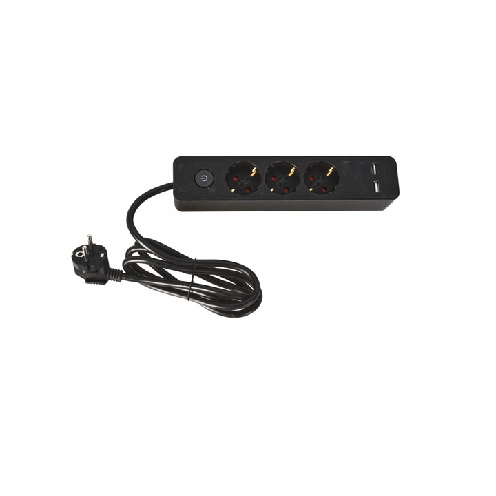 Удължител FX TOOLS, 3 гнезда и 2 USB порта 1.4 M с ключ, 3x1.5mmp кабел, черен