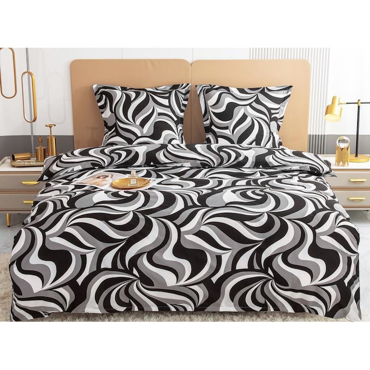 Lenjerie de pat 4 piese, 2 persoane, bumbac, alb si negru, 200 x 230 cm