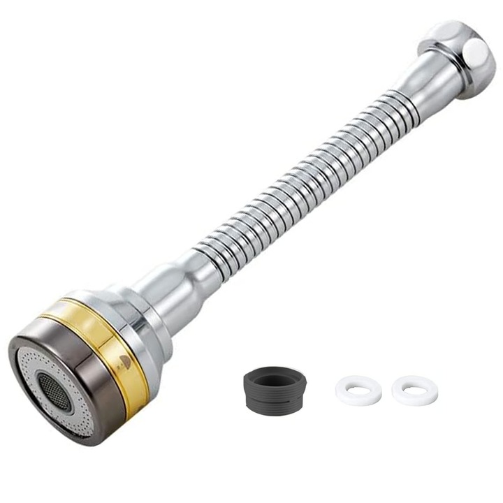 Adaptor flexibil universal, Axroad Mall, 150 mm, 3 moduri de pulverizare a fluxului de apa, Rasucirea si rotirea la 360 de grade, Usor de instalat, Pentru robinet bucatarie sau baie, Inox + ABS, Argintiu/Auriu