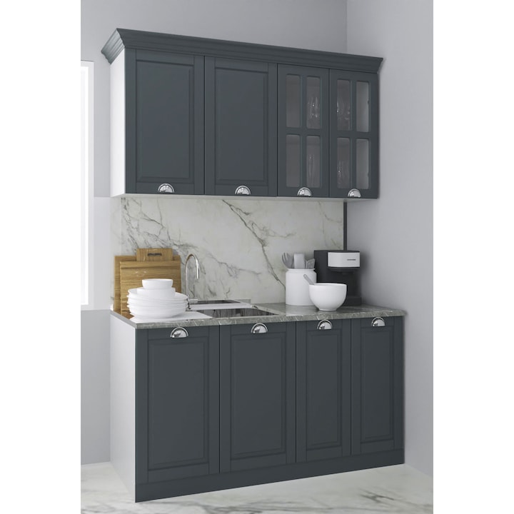 Set bucatarie cu soft close si fronturi MDF, Badenmob, seria Square L140x50x2100cm, Antracit
