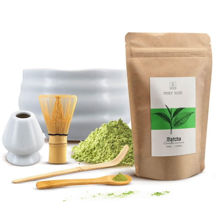 Matcha Tea Főzőkészlet, Mary Rose 100g, Tál Fehér 500 ml, Chasen, Chashaku, Teáskanál