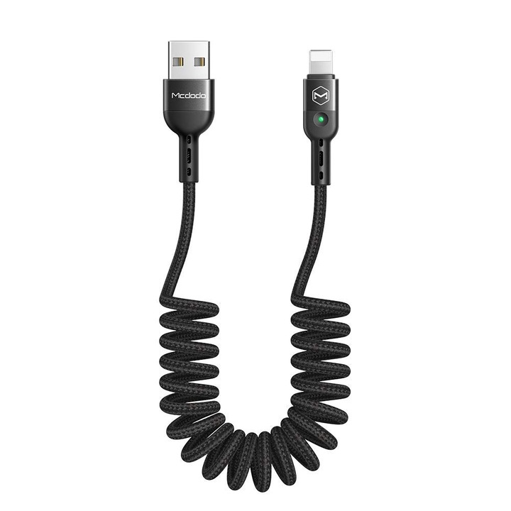 USB кабел Mcdodo *7925536 8865-18, USB-A към Lighting, За данни и за зареждане, Спираловиден, Черен, 1.8 м