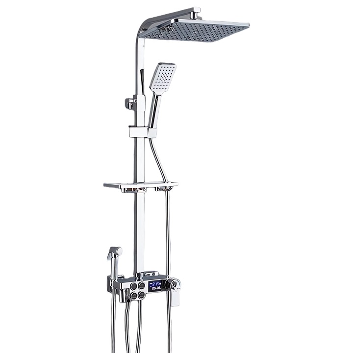 Coloana dus cu baterie termostat, afisaj LCD si turbina generatoare de curent, 4 functii curgere, corp baterie din alama, crom