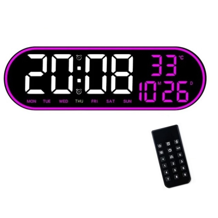 Овален цифров настолен и стенен часовник с лилава светодиодна светлина, календар, хронометър, температура, 2 аларми, термометър, функция за отлагане, 5 нива на интензитет, дистанционно управление, дисплей за влажност