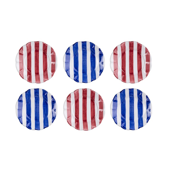 Set 6 farfurii Casa Amalfi, Stripes, realizat manual de artizani, design dungi, material 100% ceramica, lavabil in masina de spalat vase, alb