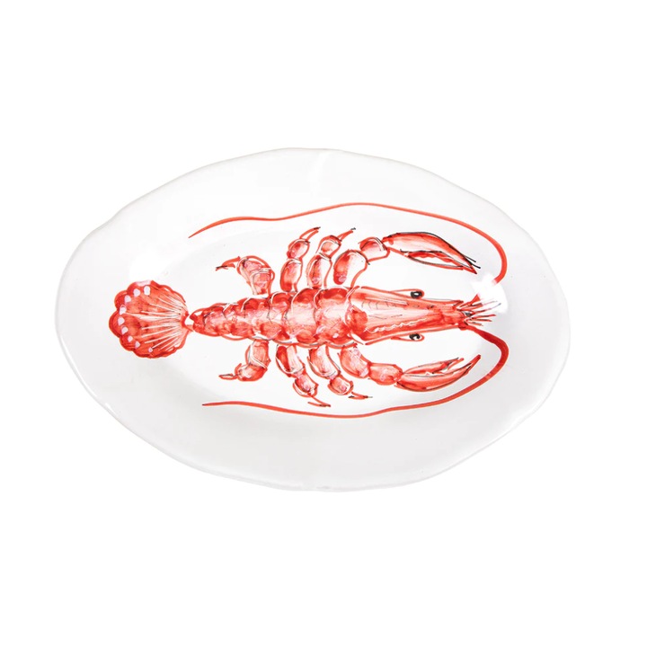 Овална чиния Casa Amalfi, Lobster, ръчно изработена от занаятчии, дизайн с омар, материал 100% керамика, подходяща за съдомиялна машина, бял/червен