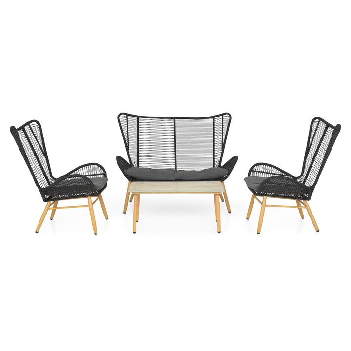 Set mobilier gradina/terasa, canapea 2 locuri, 2 fotolii si masuta, Maison Mex BODEH, natur-negru/gri